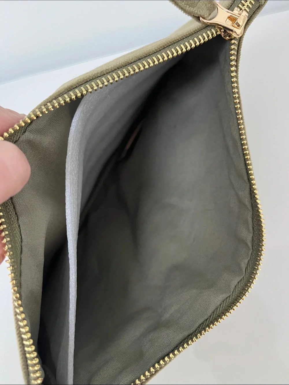 Sezane Olive Green Velvet Cosmetic Pouch with Dark Green Trim